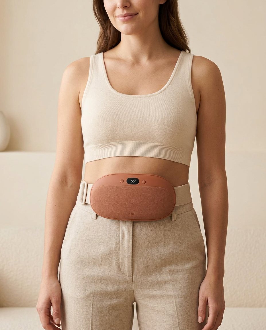L’Ease Belt porté sur un haut fin couleur crème, au niveau du ventre
