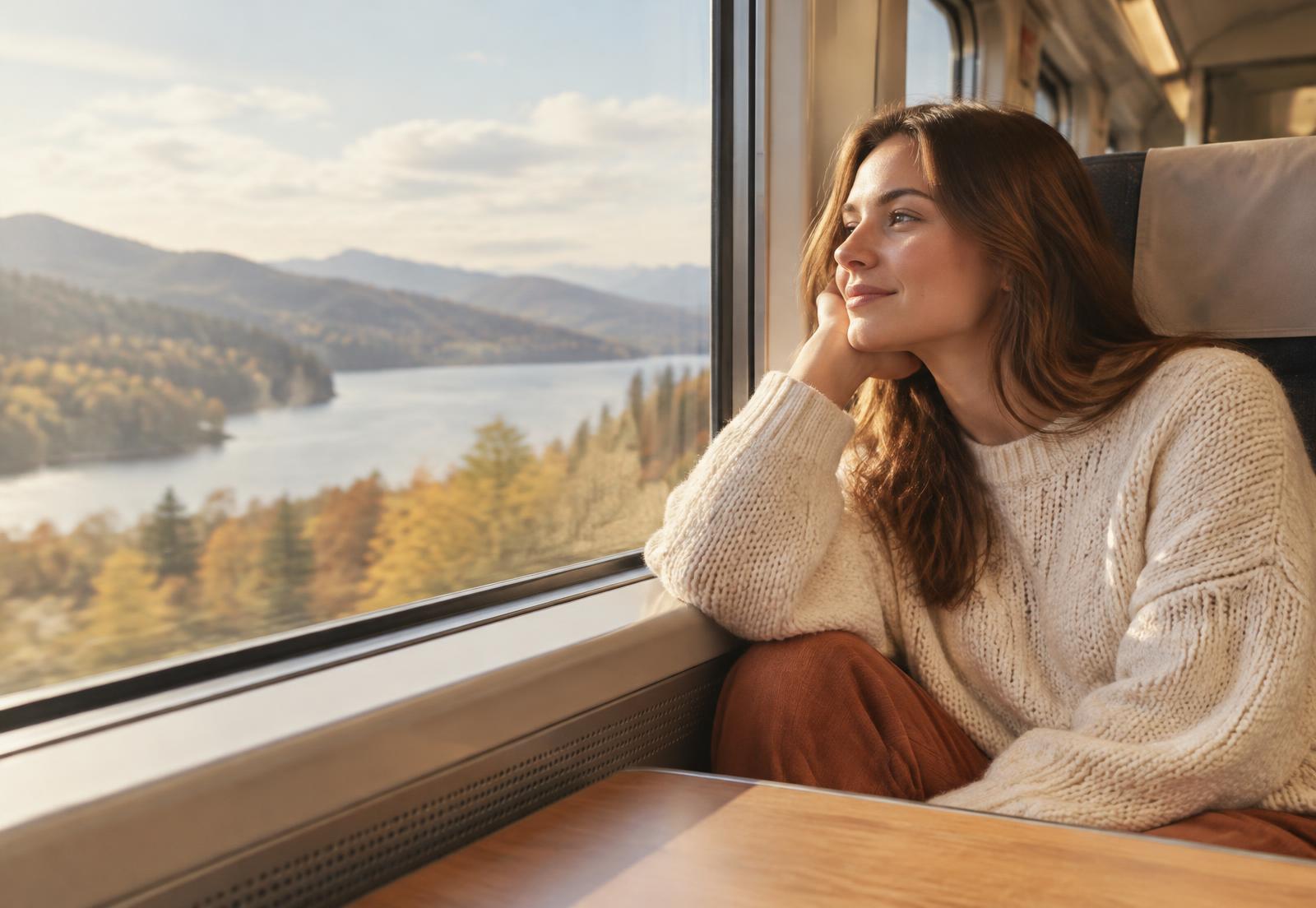 Une femme savourant un moment calme à la fenêtre du train